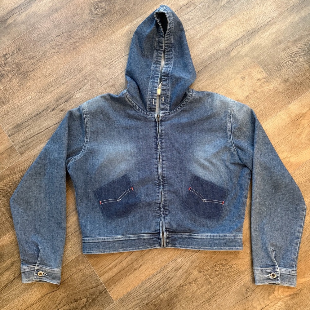 Ankor East Denim Women’s‎ XL Hooded Jean Jacket Zipper Faux Pockets 90s 80s Crop
